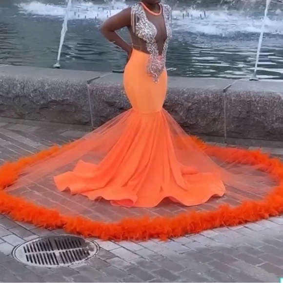 Orange Feather-Trim Mermaid Prom Dress with Embellished Bodice